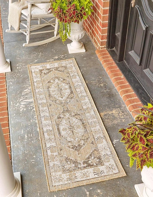 Unique Loom Outdoor Traditional Collection Area Rug - Valeria (2' 7" x 12' 2" Runner, Natural/ Ivory)