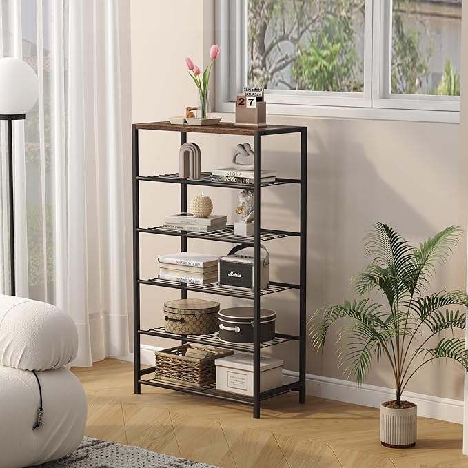 HOMEFORT Shoe Rack 6-Tier, Shoe Storage Shelf, Industrial Shoe Tower, Narrow Shoe Organizer for Closet Entryway, Small Shoe Rack Table with Durable Metal Shelves, Rustic Brown