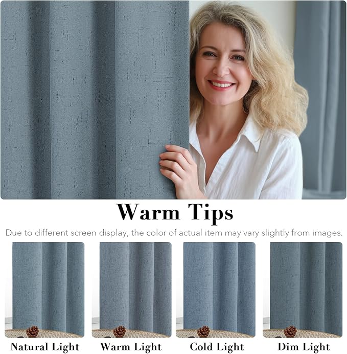 H.VERSAILTEX Primitive Linen Curtains 100% Blackout Curtain Drapes Burlap Curtains with White Thermal Insulated Liner, Grommet Top Drapes Living Room/Bedroom (2 Panels, 42 x 84 Inch, Stone Blue)