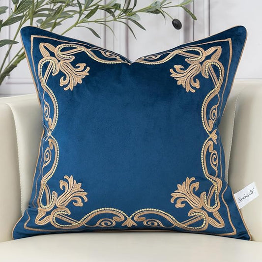 Aeckself European Floral Pillow Cover 16x16 Inch, Luxury Velvet Embroidered Decorative Throw Pillow Cover for Couch Bedroom Living Room, Navy Blue and Gold