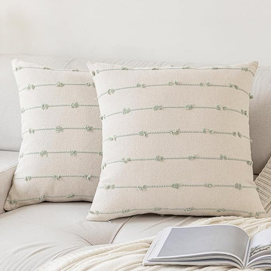 Boho Throw Pillow Covers 24x24 Set of 2 Modern Farmhouse Decorative Cushion Case Tufted Square Pillows Cover Neutral Pillow Cases Accent Pillowcase for Sofa,Couch,Bed,Beige and Green