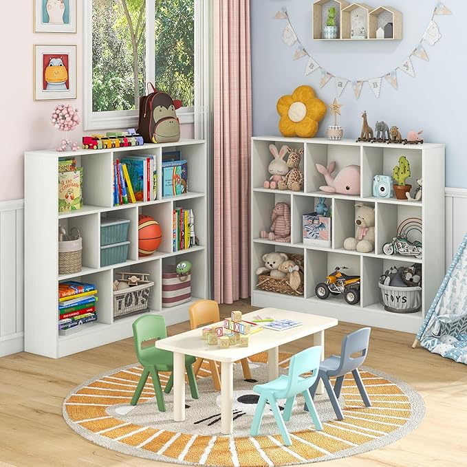 Costzon Wooden Toy Storage Organizer, 10-Cube Kids Bookshelf w/ 2 Anti-Toppling Kits, 3 Tier Open Shelves & Non-Slip Foot Pads, Book Shelf for Kids Rooms, Playroom, Classroom, Nursery (White)