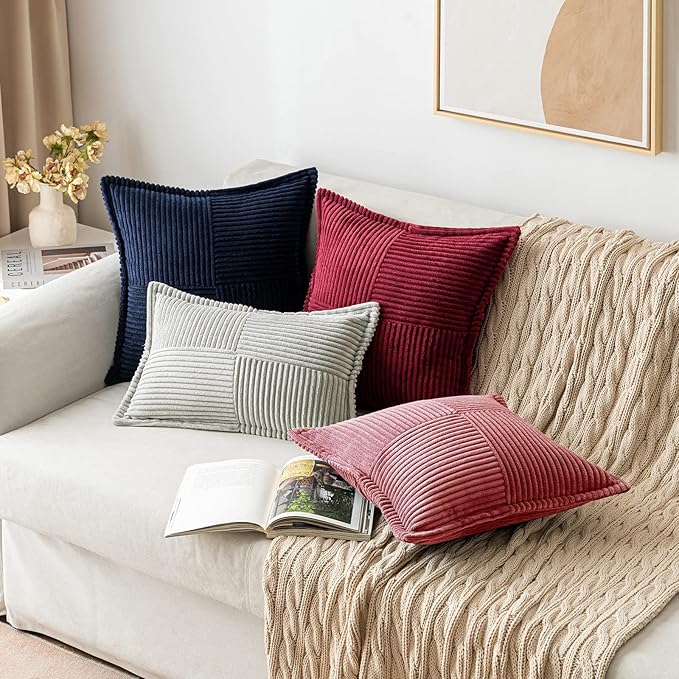 MIULEE Decorative Lumbar Throw Pillow Covers for Couch Bed Livingroom 12x20 Inch Set of 2 Cranberry Red Boho Accent Throw Pllows Broadside Striped Patchwork Soft Corduroy Pillowcases