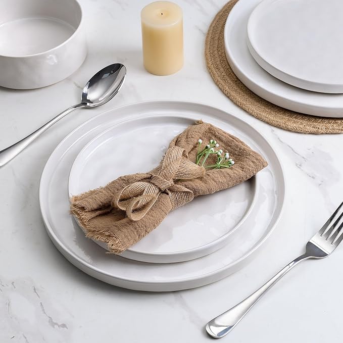 LIANYU Plates and Bowls Dinnerware Sets, 12 Piece Stoneware Dishware Set for 4, Dish Tableware Sets Includes Dinner Salad Plates Cereal Bowls, Chip & Scratch Resistant, Polar White & Sandy Beige