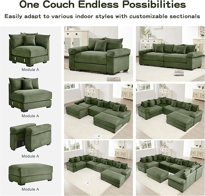 KEIKI 130" U-Shaped Oversized Corduroy Modular Cloud Sectional Sofa with 2 Ottoman, High-Density Foam Cushion, Extra-Thick Armrest, 3-Seater Fluffy Corner Couch with 9 Pillow, for Living Room, Green
