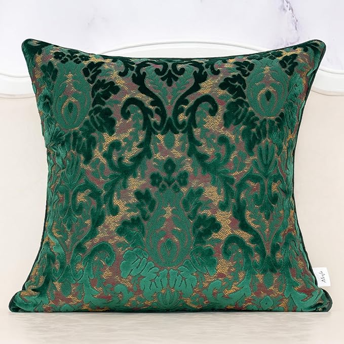 Alerfa Boho Green Floral Throw Pillow Cover 18x18 Inch Cut Velvet Sqaure Luxury Embroidered Decorative Pillow Cover for Couch Living Room Bedroom
