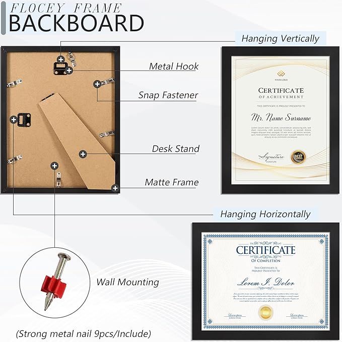 8.5x11 Picture Frame set of 8, Multi Certificate 8.5 by 11 Picture Frames Bulk, Document Diploma Award Frame for Wall Hanging or Tabletop Display, Black