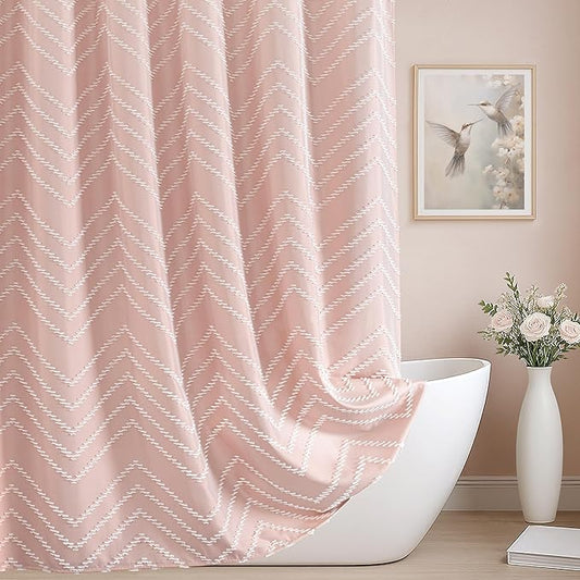 Extra Long Blush Pink Boho Shower Curtain Cute Shower Curtain Textured Tufted Chevron Striped Minimalist 72 x 96 Bathroom Shower Curtains