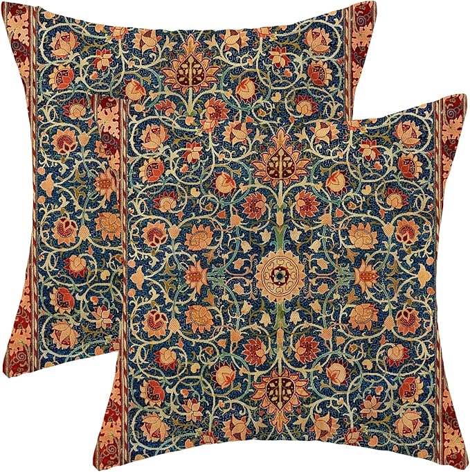 Boho Floral Pillow Covers 16x16 Set of 2, William Morris Flower Pattern Design Decorative Throw Pillows Bohemian Vintage Farmhouse Cushion Pillow Covers for Sofa Couch Bed Outdoor Decor