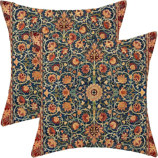Boho Floral Pillow Covers 22x22 Set of 2, William Morris Flower Pattern Design Decorative Throw Pillows Bohemian Vintage Farmhouse Cushion Pillow Covers for Sofa Couch Bed Outdoor Decor