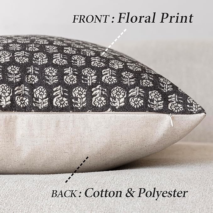 Foindtower Set of 2 Decorative Neutral Body Lumbar Throw Pillow Covers Vintage Accent Farmhouse Cushion Covers Boho Floral Home Decor for Sofa Couch Chair Bedroom Living Room Outdoor,14×36 Inch,Black