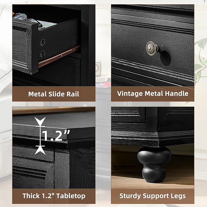 Farmhouse Nightstand with Charging Station, 24" Wide End Table with 3 Drawers,Black Wood Dresser for Bedroom, Bed Side Table Chest of Drawers Cabinet,Night Stand for Living Room, Closet