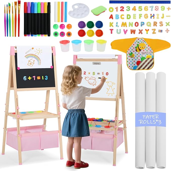 Kinder King 3 in 1 Wooden Kids Easel, Adjustable Double-Sided Art Easel for Kids, Magnetic Whiteboard & Chalkboard, Paper Roller, Art Supplies, Painting Drawing Easel Toddler, Pink