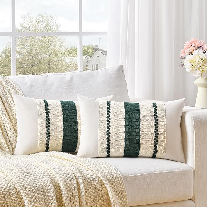 Fancy Homi Set of 2 Dark Green Boho Long LumbarDecorative Throw Pillow Covers 14x24 Inch for Couch Bed Sofa Bedroom, Modern Farmhouse Vintage Forest Green Living Room Decor