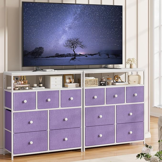 EnHomee Tv Stand for Bedroom with 7 Fabric Dressers and 2 Shelves，Dressers & Chests of Drawers for Closet，Hallway，Entryway，Dormitory，Purple Storage Drawers