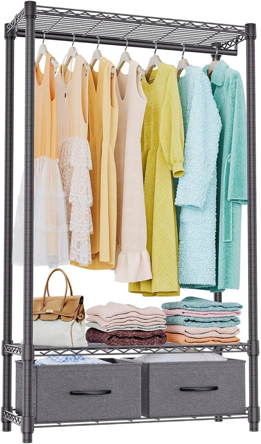 IZEUK Heavy Duty Clothes Rack with Drawers, Metal Freestanding Garment Rack for Hanging Clothes with 1 Rod & 2 Drawers, Adjustable Closet Wardrobe Organizer, 15.7" D x 35.5" W x 72.4" H, Dark Grey