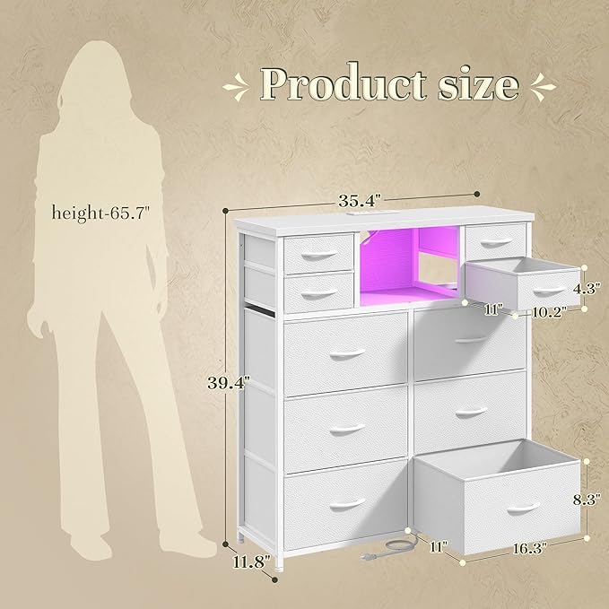 White Dresser for Bedroom with 10 Drawers and Charging Station & LED Light, Sturdy Tall Chest of Drawers with 2 Open Storage Shelves Storage Tower for Closet, Hallway