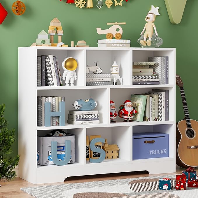 Kids Book Shelf Set of 2, 8 Cubes Storage Organizer Montessori Bookshelf, 3-Tier Wooden Kids Bookcase, Toy Storage Organizer for Children, White Toddler Bookshelf Cube Shelf for Kid’s Room