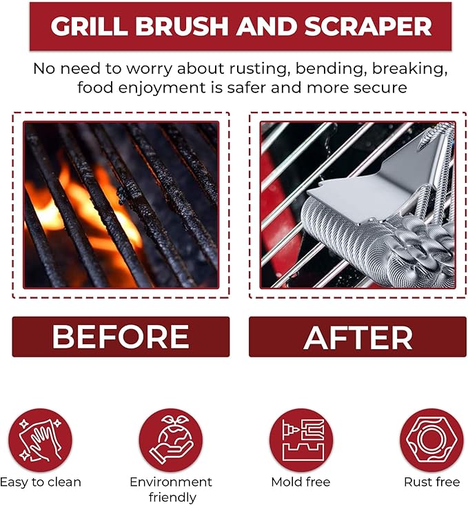 GlistenPro Bristle-Free BBQ Grill Brush with Scraper – Durable Stainless Steel Cleaning Tool for Gas & Smoker Grills – 18" Ergonomic Handle for Easy Grill - Ideal for Outdoor, Camping & BBQ Cleaning
