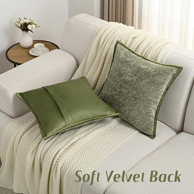 FUTEI Sage Green Chenille Throw Pillow Covers 18x18 Inch Set of 2,Soft Cozy Bound Edge Design Cushion Case,Home Decor for Couch Bed Living Room
