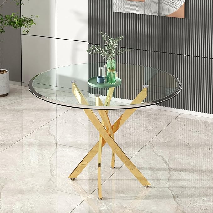 Goujxcy 3 Piece Round Glass Dining Table Set for 2, 36" Round Dining Table & Chair Set Modern Circle Glass Kitchen Table and 2 Velvet Upholstered Chairs for Kitchen Dining (Gold Table & Blue Chair)