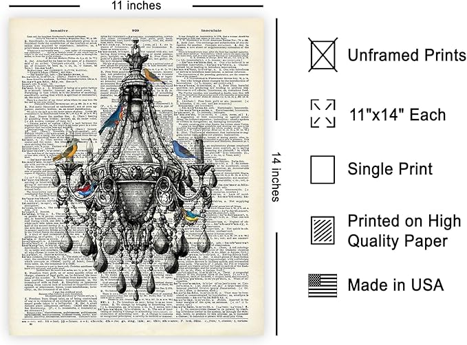 Poster Master Dictionary Art Poster - Antique Chandelier Print - Bird Art - Baroque Art - Gift for Men & Women - Chic Decor for Living Room, Dining Room, Bedroom or Kitchen - 11x14 UNFRAMED Wall Art