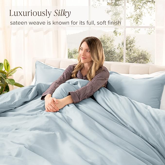 Bare Home 100% Organic Cotton Sateen Duvet Cover Set - Full/Queen Size - 400 Thread Count - Smooth Sateen Weave - Warm & Luxurious - Duvet Cover (Full/Queen, Winter Blue)