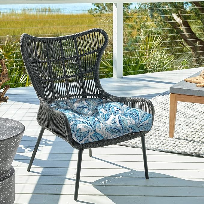 Set of 2 Outdoor Tufted Chair Cushions 19"x19"x4", Water Repellent Patio Seat Cushions with Ties, Replacement Chair Pads for Wicker Dining and Patio Furniture - Monotone Leaves Blue