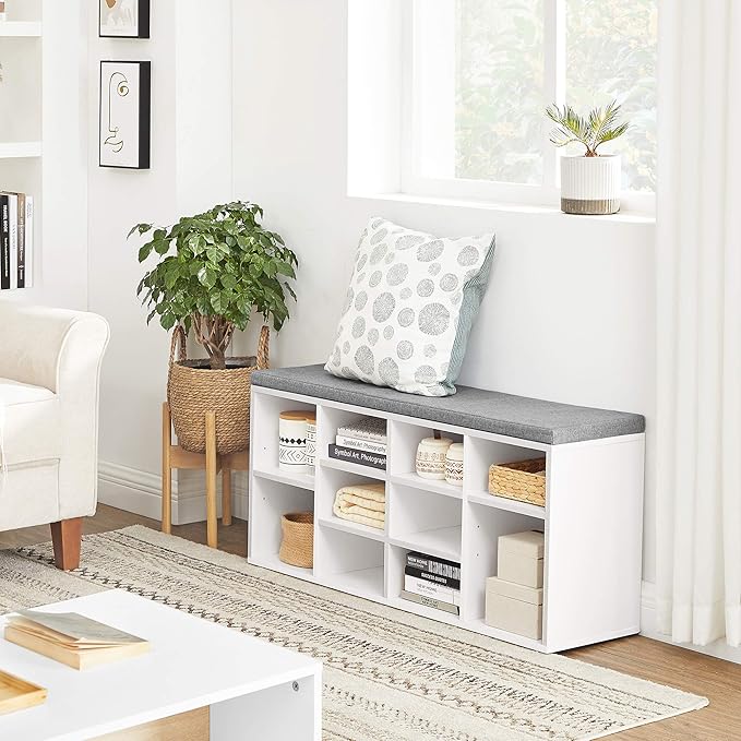VASAGLE CUSTOS Collection - Shoe Bench, Storage Bench with Padded Seat, Entryway Bench with 10 Compartments, for Bedroom, 11.8 x 40.9 x 18.9 Inches, Cloud White and Dove Gray ULHS010W01