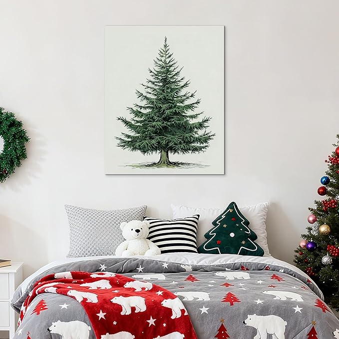 Framed Christmas Pictures Wall Decor,Vintage Pine Tree Prints,Winter Christmas Canvas Wall Art Decoration for Bedroom Bathroom Living Room Rustic Xmas Holiday Gifts (Christmas Tree 5, 11'' X 14'')