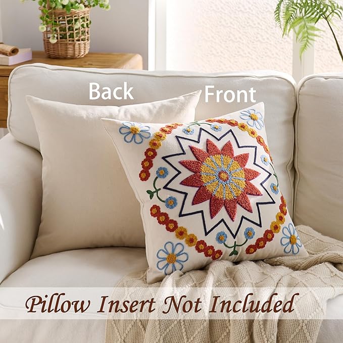 Embroidered Throw Pillow Cover 20x20 Classic Fall Boho Floral Pattern Pillows Cover Outdoor Decorative Pillowcase,Durable Cozy Textured Cushion Case for Sofa Couch Bed Living Room,Orange
