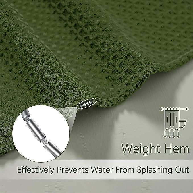 Waterproof Fabric Shower Curtain Extra Long Waffle Weave Heavy Duty Bathroom Shower Curtain Set, 256GSM Weighted Thick Shower Curtain with 12 Rust-Resistant Hooks,72Wx84H Green