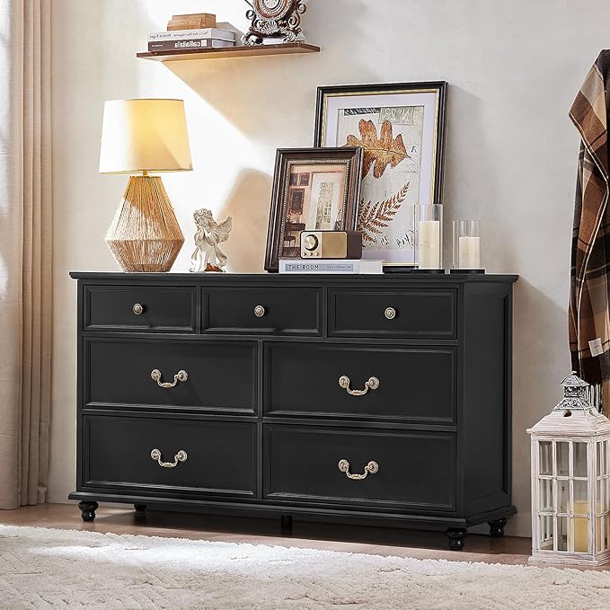 Farmhouse 7 Drawers Dresser Sets of 2 for Bedroom, Black 54 Inch Wide Chest of Drawers w/ 4 Wooden Legs, Large Vintage Rustic Closet Dressers for Living Room, Wood TV Stand