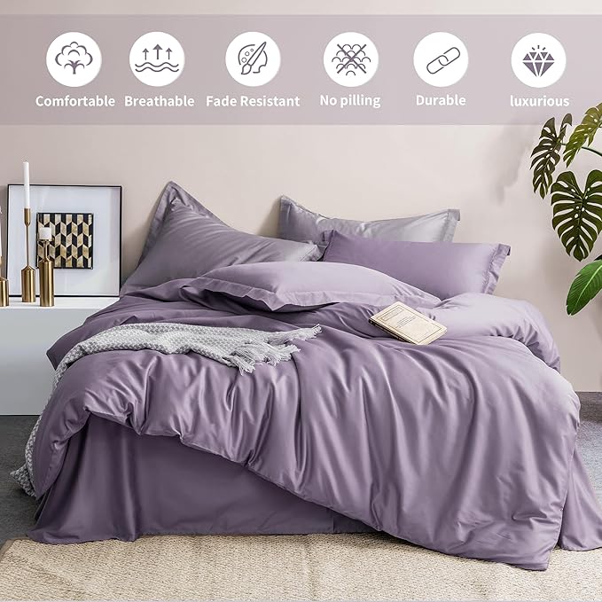 MILDLY 100% Long-Staple Cotton Duvet Cover Set King Size Purple Comforter Cover Sets Ultra Soft Bedding Set 3 PCS with Zipper Closure & Corner Tie (No Comforter)