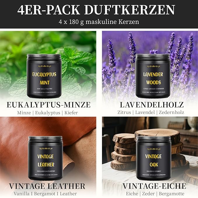 Scented Candles for Men, 4 Pack Mens Candle Set, Soy Candles for Home Scented, Masculine Candle for Him, 28oz, 200 Hours Burning Time Aromatherapy Candles of Lavender/Eucalyptus/Leather/Oak