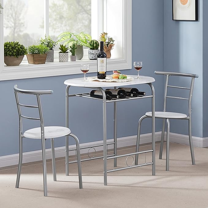 VECELO 3-Piece Dining Table Set for Kitchen Breakfast Nook, Wood Grain Oval Tabletop and Metal Frame with Built-in Wine Rack, for Small Spaces, 31.5", White & Silver