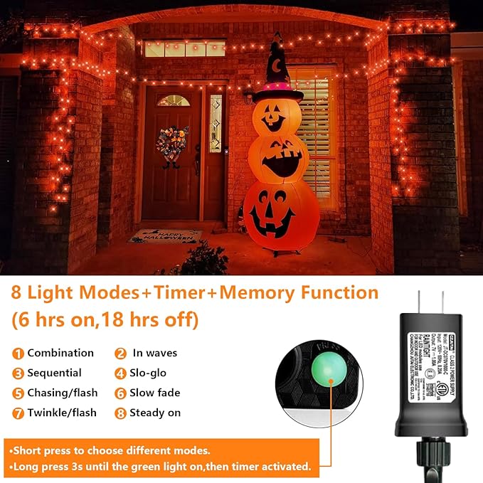 QITONG 165ft 500 LED Orange Lights for Halloween, Halloween Lights Outdoor Waterproof with 8 Modes, Green Wire Christmas String Light Plug in Indoor