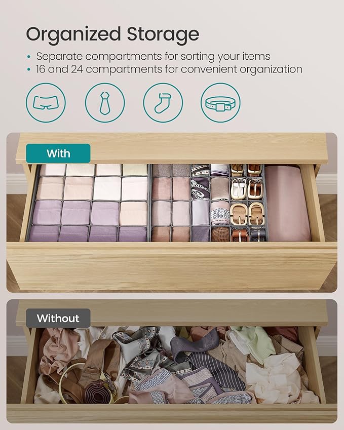 SONGMICS Set of 6 Underwear Organizers, Drawer Organizers, Dresser Closet Storage, 120 Cells (3x16+3x24), Foldable Dividers, 11.8 x 11.8 x 3.9 Inches, for Socks, Ties, Belts, Dove Gray URUS011G02