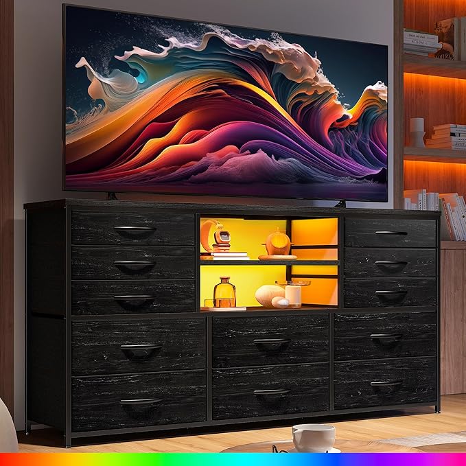 EnHomee Black Dresser with LED Lights & Power Outlets, 12 Drawers Dresser TV Stand for 60''TV Stand for Bedroom Fabric Dressers & Chest of Drawers, Sturdy Metal Frame, for Closet, Living Room,Hallway