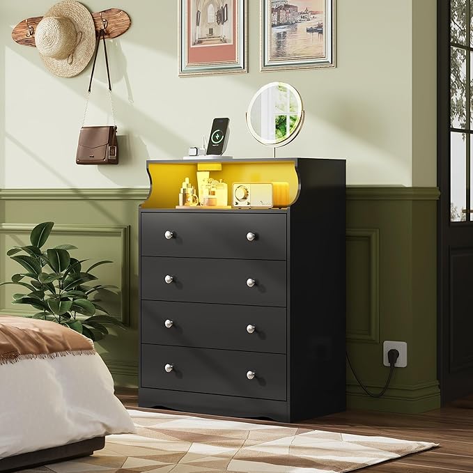 WLIVE Black LED Dresser for Bedroom, Tall Wood Dresser with 4 Drawers and Open Shelf, Chest of Drawers with Charging Station and LED Lights for Living Room, Hallway, Closet