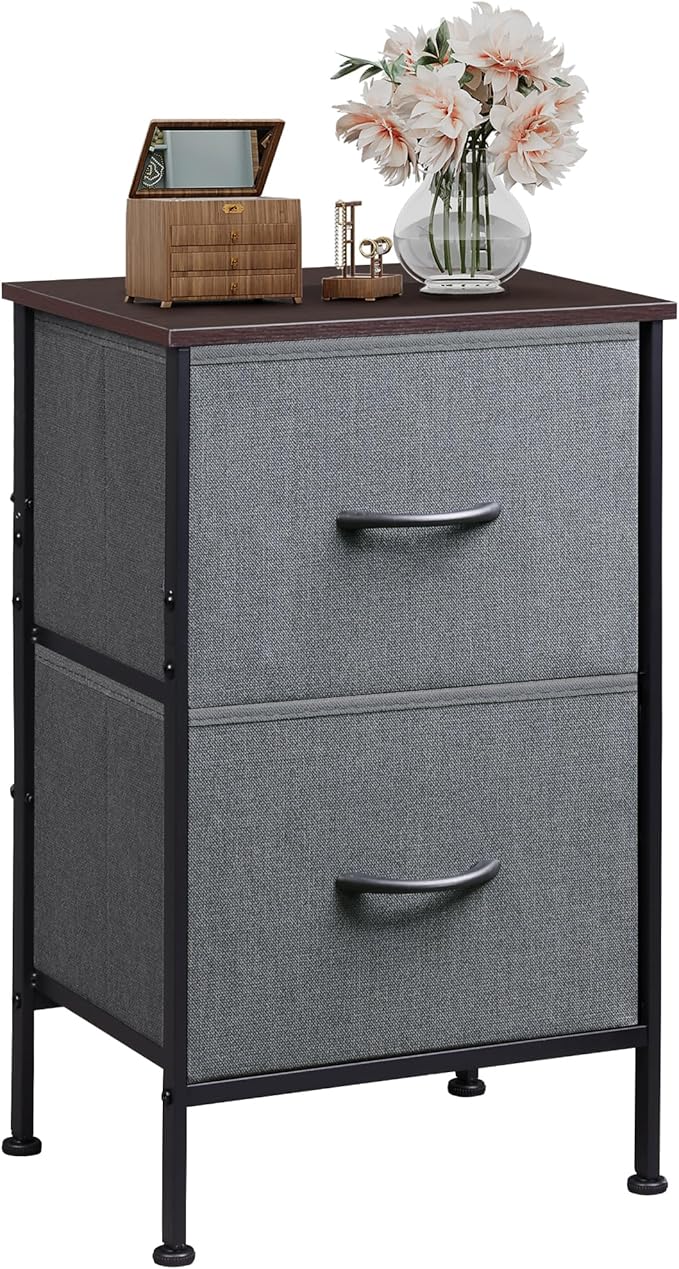 WLIVE Nightstand, Nightstand with 2 Drawers, Bedside Furniture, Night Stand, Small Dresser for Bedroom, College Dorm, End Table with Fabric Bins, Dormitory, Dark Grey, Size L