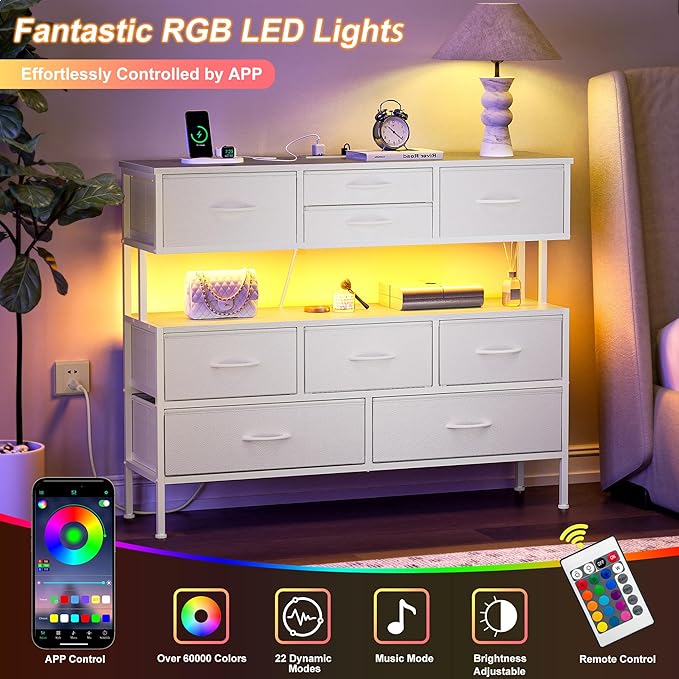 REAHOME Dresser TV Stand with Charging Station and LED Lights, 55” TV Stand Entertainment Center with 9 Drawers, Steel Frame, Large Storage Chest of Drawers for Bedroom, Living Room, White