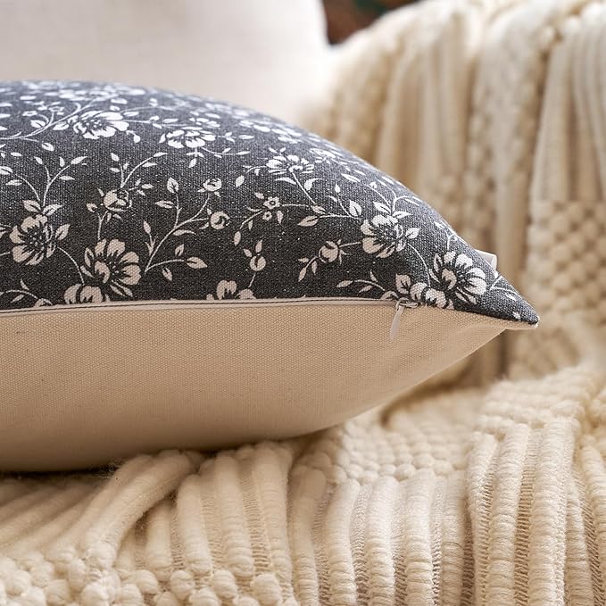 Alerfa Set of 2 Floral Pillow Covers 20x20, Vintage Block Print Throw Pillow Covers Decorative Farmhouse Accent Couch Pillows for Living Room Bedroom, Black
