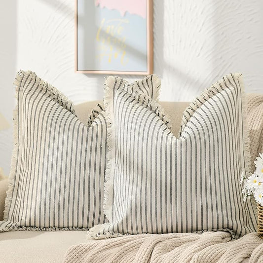 ZWJD Throw Pillow Covers 20x20 Set of 2 Striped Pillow Covers with Fringe Chic Cotton Decorative Pillows Square Cushion Covers for Sofa Couch Bed Living Room Farmhouse Decor