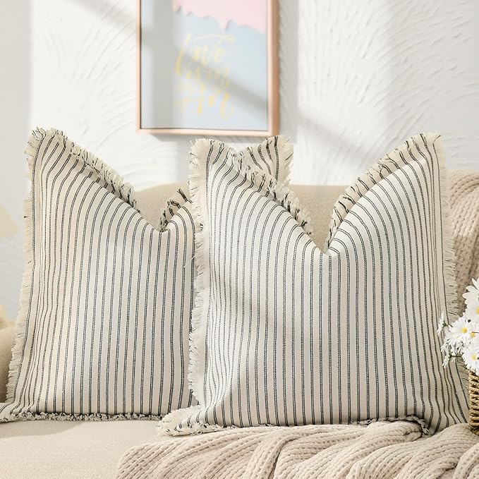 ZWJD Throw Pillow Covers 22x22 Set of 2 Striped Pillow Covers with Fringe Chic Cotton Decorative Pillows Square Cushion Covers for Sofa Couch Bed Living Room Farmhouse Decor