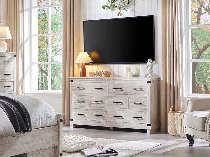 Farmhouse 7 Drawer Dresser for Bedroom - Wood Large Dressers & Chests of Drawers for Closet, 54 Inch Wide Dresser TV Stand with Storage for Bedroom, Living Room, Antique Brush White
