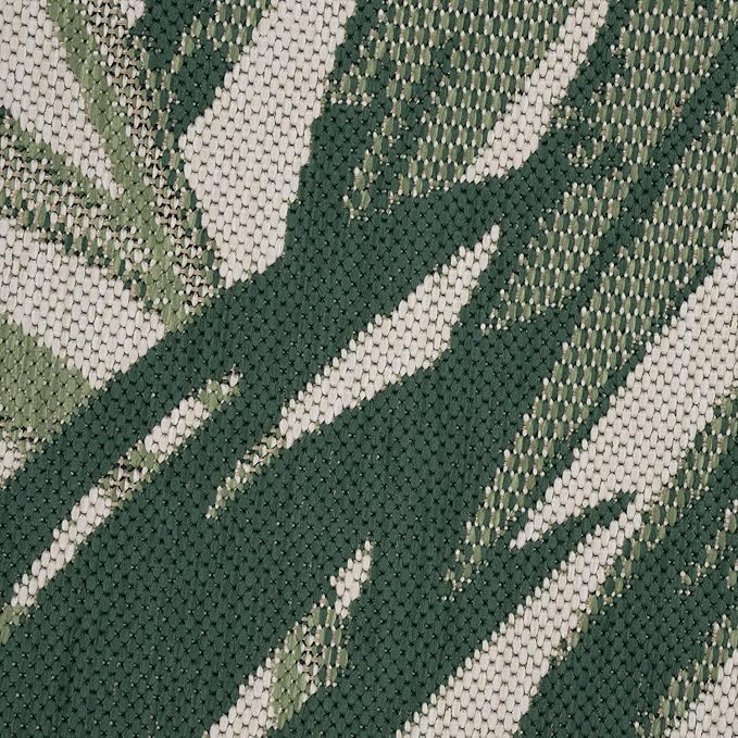Tropical Outdoor Rug Palm Tree & Jungle Design Flatweave in Green Beige, Size: 5'3" x 7'7"