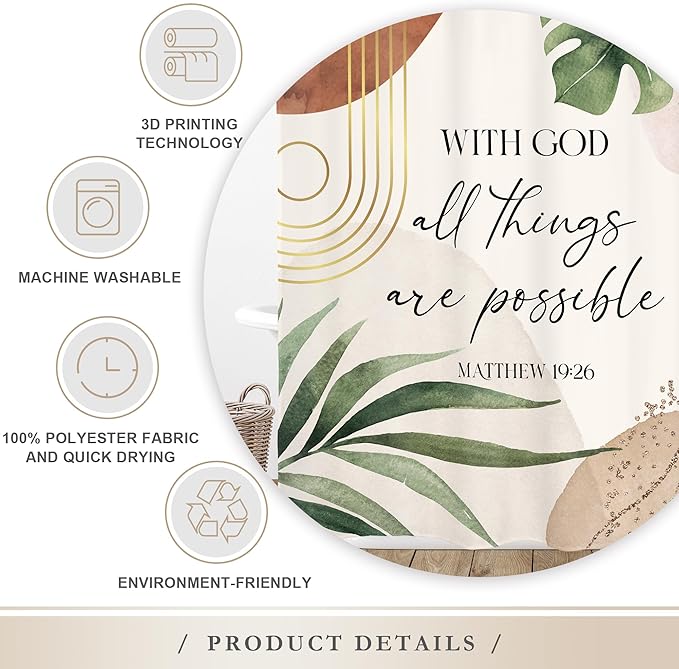 Glawry Boho Bible Verse Shower Curtain Inspirational Scriptures Quotes Abstract Tropical Palm Leaf Mid Century Bathroom Christian 72Wx72L Inches Bath Accessories Art Home Decor Fabric 12 Pack Hooks