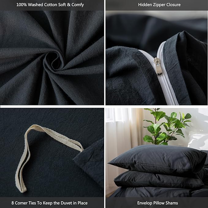 MooMee Bedding Duvet Cover Set 100% Washed Cotton Linen Like Textured Breathable Durable Soft Comfy (Solid Black, Super King Plus 120"x120")