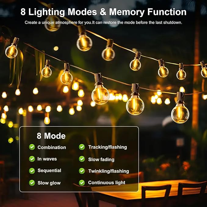 G40 Solar String Lights Outdoor with Remote 100 FT, USB & Solar Dual Charging, Waterproof, 8 Modes 3 Timers, 34+3 LED Shatterproof Bulbs, Dimmable Solar Light for Camping Backyard Bistro Porch Garden